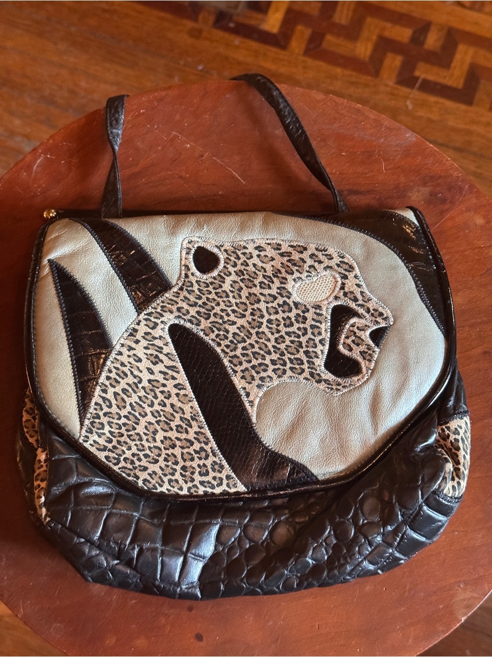 Fifth Ave Leopard Applique Leather Shoulder Bag in Brown and Cream